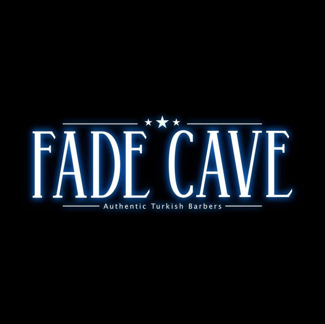 Logo with text 'Fade Cave Authentic Turkish Barbers' on a black background.